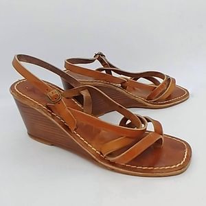 K Jacques Tan Leather Stacked Wood Wedge Sandals Sz39